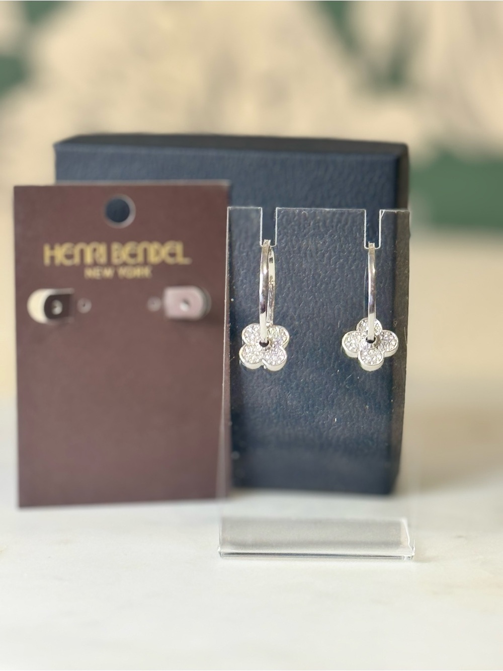 Henri Bendel Silver Clover Hoop Drop Earrings - White Crystal
